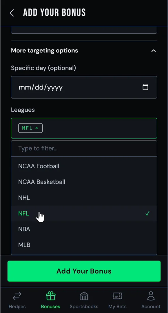 Leagues: here the bonus is for the NFL only.
