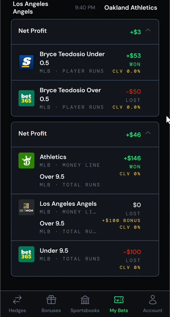 Expanded, every bet shows its CLV. Here it is 0.0% on every bet.
