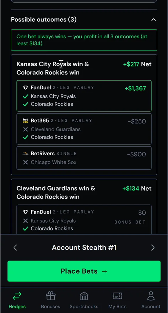 Outcome 1: Royals and Rockies win. The FanDuel parlay hits for $217 net.