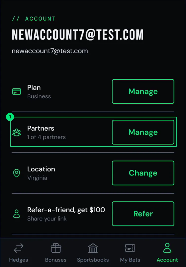 The Account tab on a Business account: Plan, Partners, Location and Refer-a-friend.