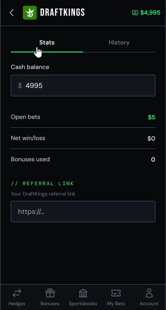 The DraftKings page: cash balance, open bets, net win/loss, bonuses used and your referral link.