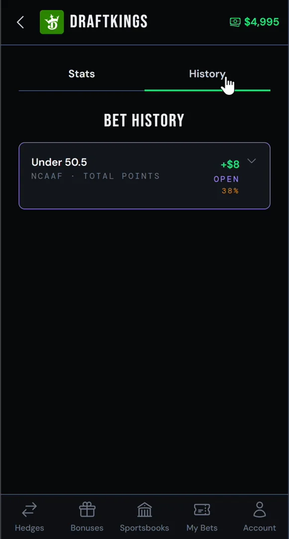 The History tab keeps every bet you have placed at this sportsbook.