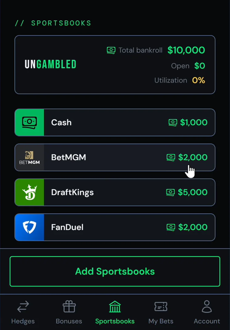 A brand new Pro account provisioned for the first hedge: $2,000 at BetMGM, $5,000 at DraftKings, $2,000 at FanDuel, $1,000 in reserve.